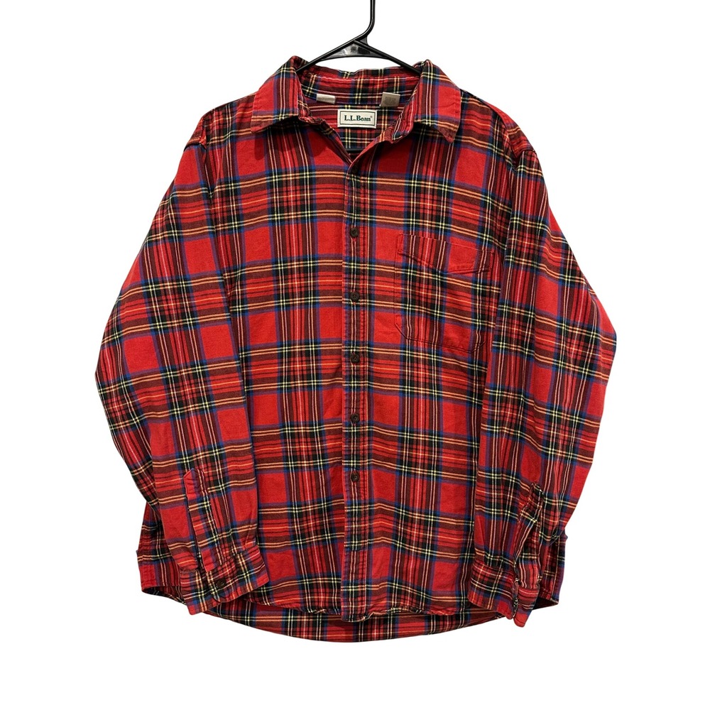 LL Bean Mens Large Red Plaid Flannel Shirt Cotton Button Down Made in USA DL10
